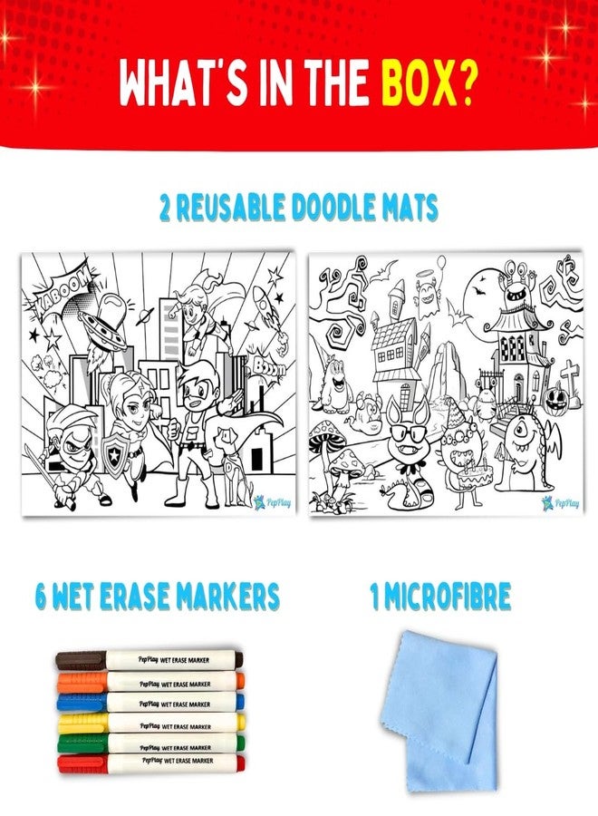PepPlay Recolourables Doodle Mats - Super Power | 2 Coloring mat, 6 Quick-Dry, Smudge-Free Markers, Mess-Free, Reusable Travel Art Kit for Kids Ages 3, 4, 5, 6, 7 | Superhero Gift for Boys & Girls - Image 4